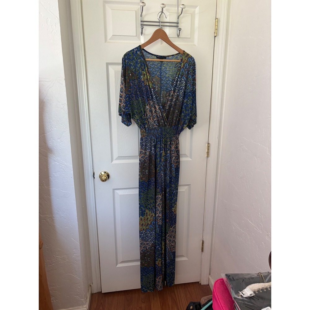 5th & Love Peacock Paisley Print Jumpsuit Blue Green Smocked Waist Womens XL - Picture 2 of 10